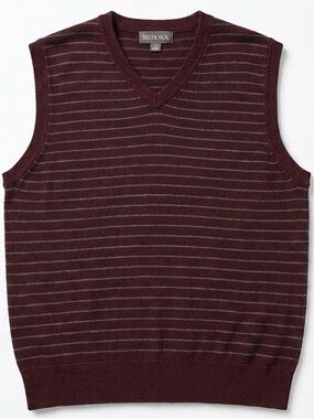 Merona Burgundy 90’s V-Neck Sleeveless Sweater with Gray Pinstripes 100% Cotton